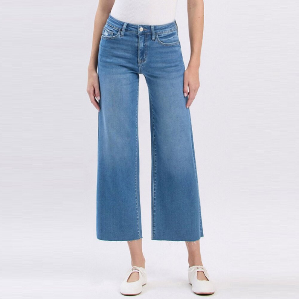 Vervet High Rise Clean Cut Raw Hem Crop Slim Wide Jeans
